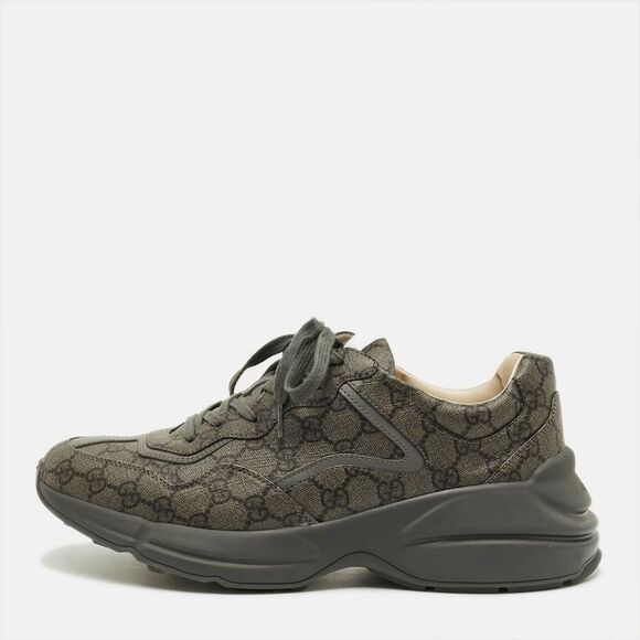 Gucci Rhyton Size 44.5 Grey Gg Canvas And Leather Lace Up Sneakers